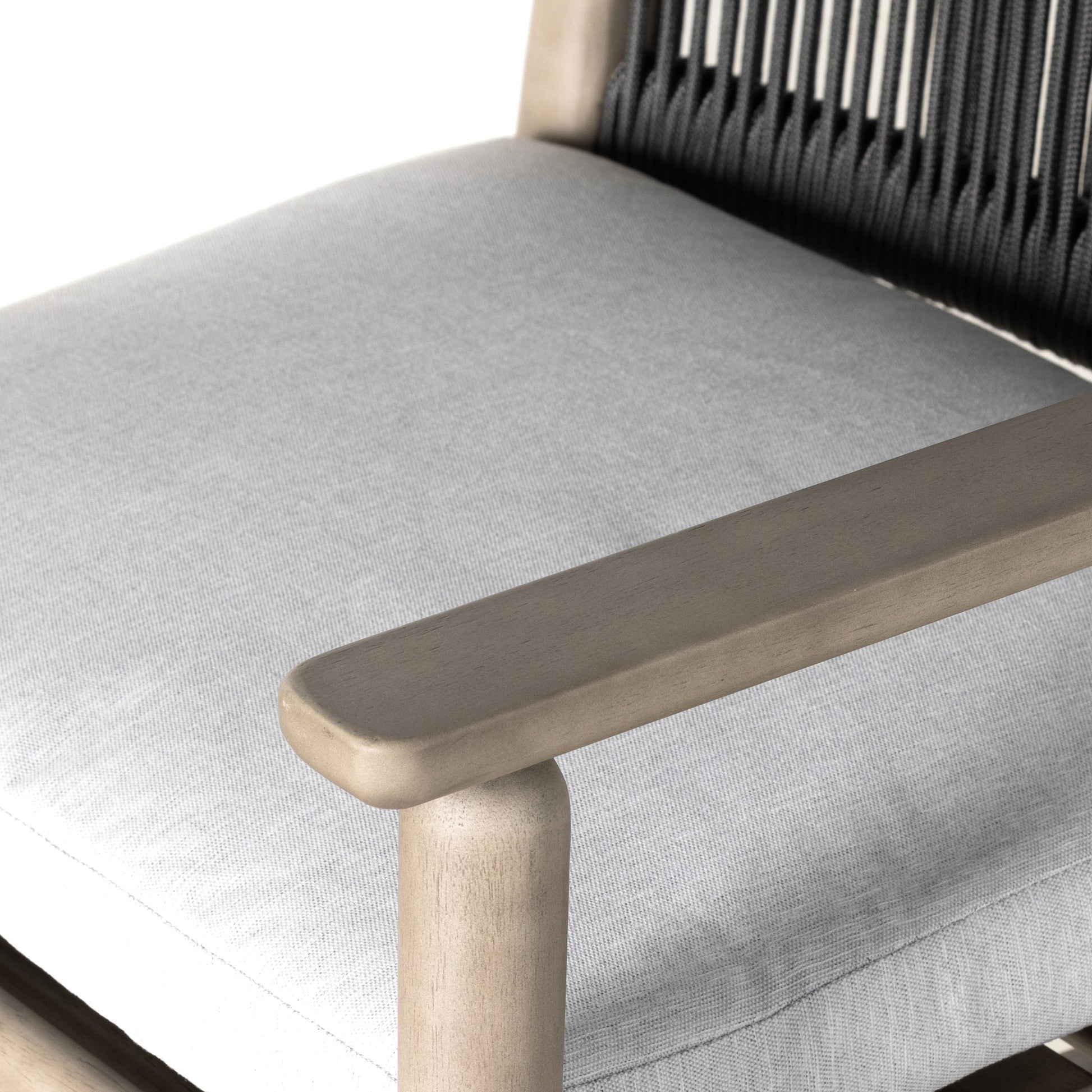 Rosen Outdoor Dining Armchair by Four Hands in natural rope, lakin oat and natural eucalyptus. Made from 100% olefin, solid fsc®-certified eucalyptus, 98% polypropylene, 2% polyester in a coastal style.