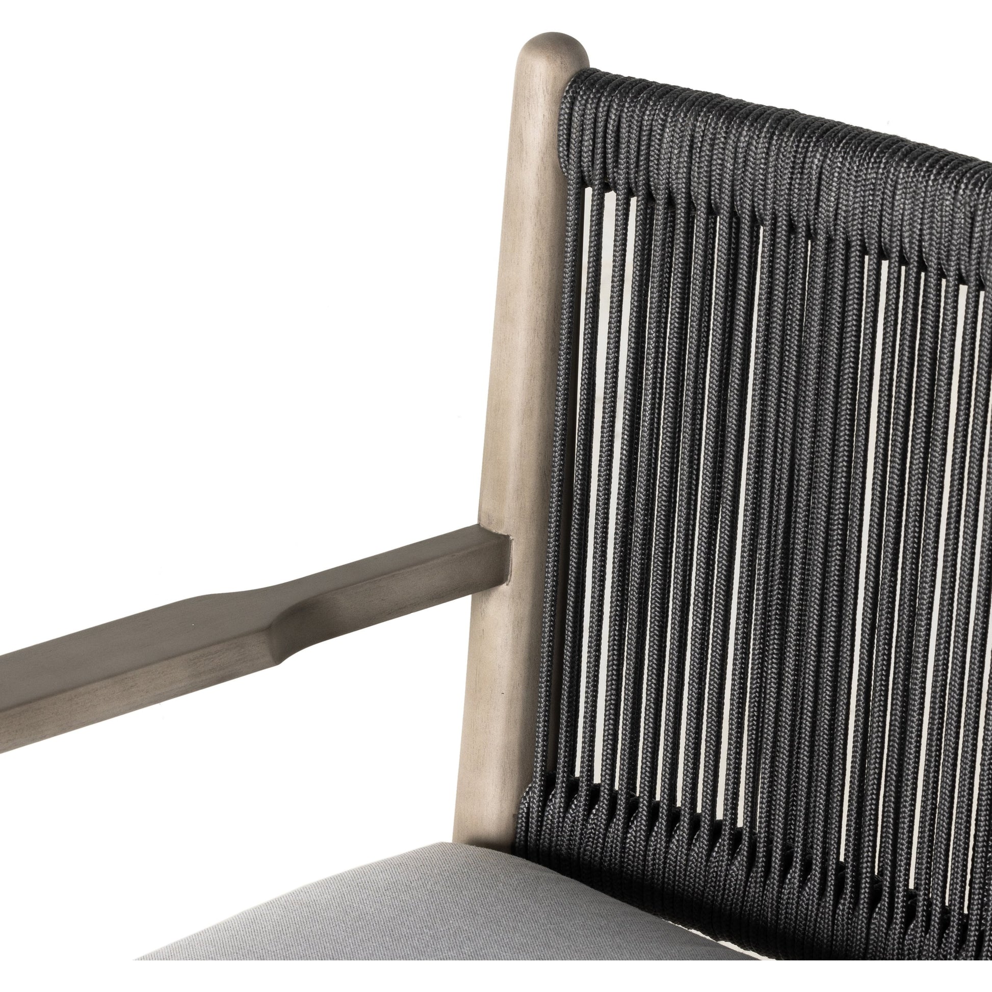 Rosen Outdoor Dining Armchair by Four Hands in natural rope, lakin oat and natural eucalyptus. Made from 100% olefin, solid fsc®-certified eucalyptus, 98% polypropylene, 2% polyester in a coastal style.