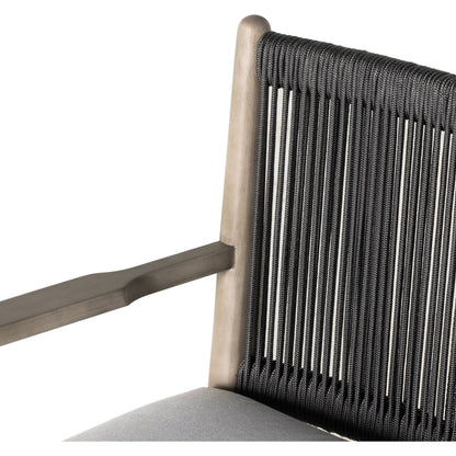 Rosen Outdoor Dining Armchair by Four Hands in natural rope, lakin oat and natural eucalyptus. Made from 100% olefin, solid fsc®-certified eucalyptus, 98% polypropylene, 2% polyester in a coastal style.