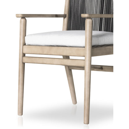 Rosen Outdoor Dining Armchair by Four Hands in natural rope, lakin oat and natural eucalyptus. Made from 100% olefin, solid fsc®-certified eucalyptus, 98% polypropylene, 2% polyester in a coastal style.