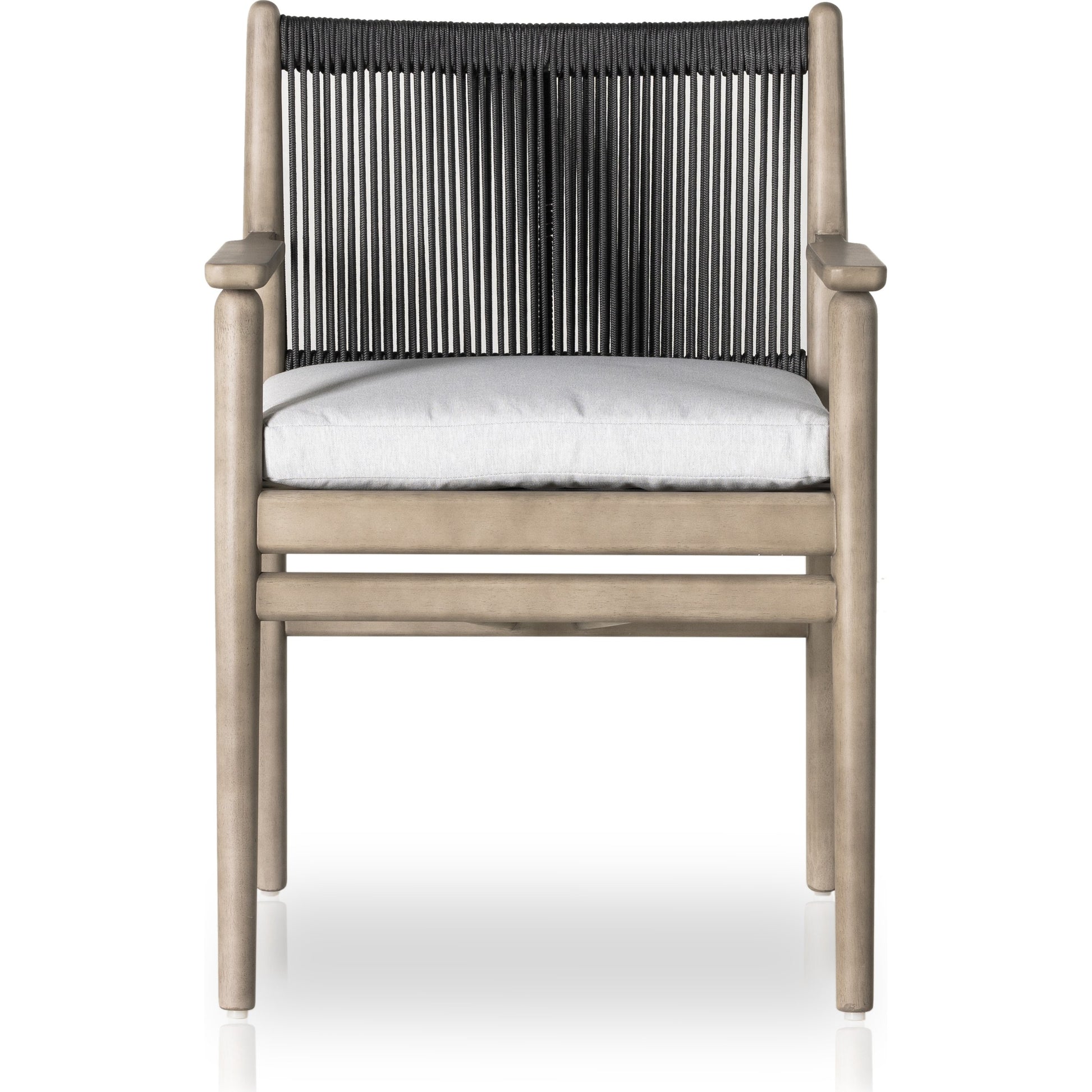 Rosen Outdoor Dining Armchair by Four Hands in natural rope, lakin oat and natural eucalyptus. Made from 100% olefin, solid fsc®-certified eucalyptus, 98% polypropylene, 2% polyester in a coastal style.