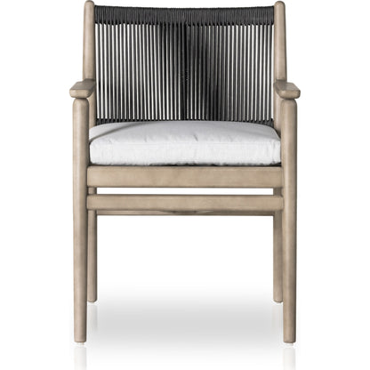 Rosen Outdoor Dining Armchair by Four Hands in natural rope, lakin oat and natural eucalyptus. Made from 100% olefin, solid fsc®-certified eucalyptus, 98% polypropylene, 2% polyester in a coastal style.