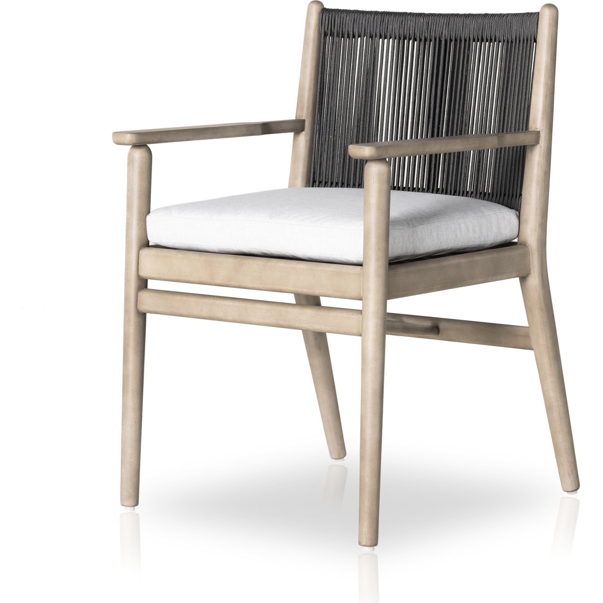 Rosen Outdoor Dining Armchair by Four Hands in natural rope, lakin oat and natural eucalyptus. Made from 100% olefin, solid fsc®-certified eucalyptus, 98% polypropylene, 2% polyester in a coastal style.