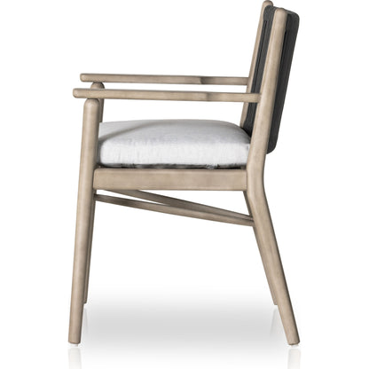 Rosen Outdoor Dining Armchair by Four Hands in natural rope, lakin oat and natural eucalyptus. Made from 100% olefin, solid fsc®-certified eucalyptus, 98% polypropylene, 2% polyester in a coastal style.