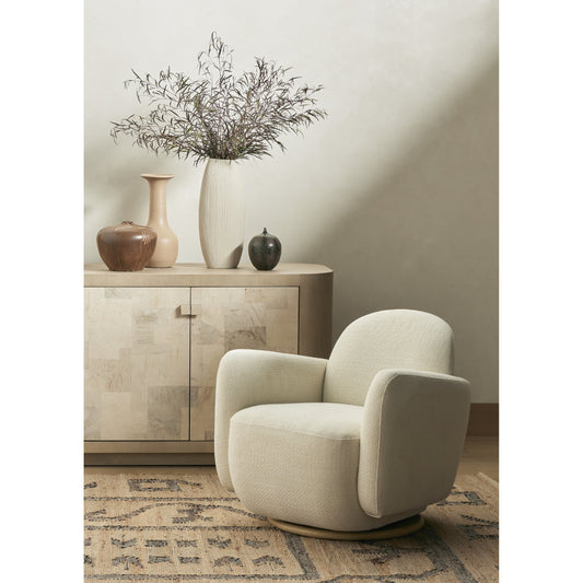 Enya Swivel Chair by Four Hands in gibson white, natural whitewash. Made from 97% polyester, 3% acrylic, ash veneer, 100% polyester in a modern style.