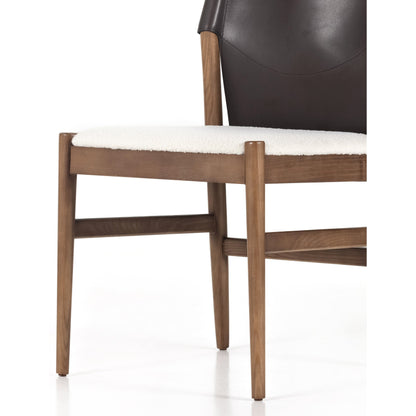 Lulu Armless Dining Chair by Four Hands in espresso leather, cardiff cream and umber ash. Made from 100% polyester, solid ash, 70% split leather, 30% polyvinyl chloride (pvc) in a modern style.
