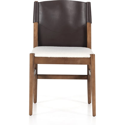 Lulu Armless Dining Chair by Four Hands in espresso leather, cardiff cream and umber ash. Made from 100% polyester, solid ash, 70% split leather, 30% polyvinyl chloride (pvc) in a modern style.