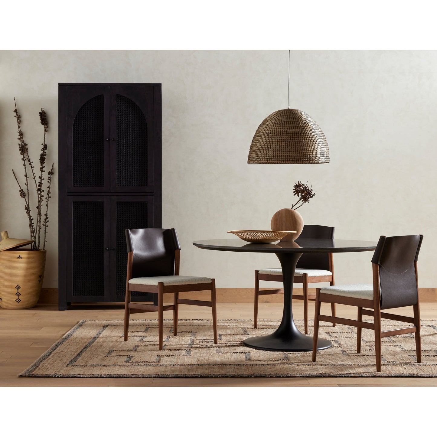 013 SI-1799800 | Lifestyle | Lulu Armless Dining Chair by Four Hands in espresso leather, cardiff cream and umber ash. Made from 100% polyester, solid ash, 70% split leather, 30% polyvinyl chloride (pvc) in a modern style.