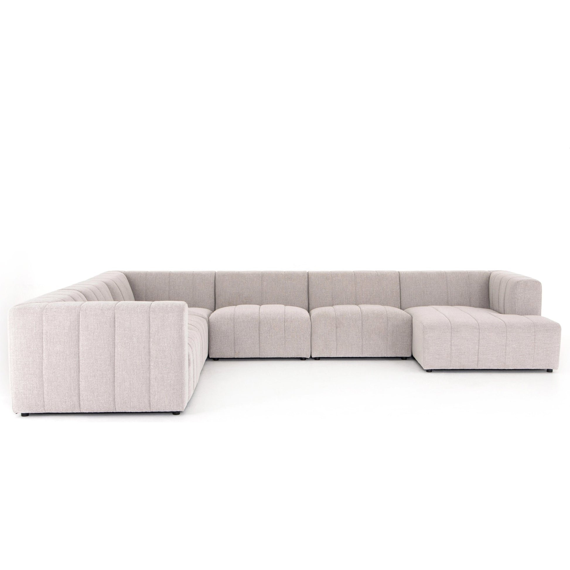 Langham Channeled 6-Piece Sectional by Four Hands in fayette cloud. Made from 97% polyester, 3% acrylic, poplar plywood, 58% polyester, 39% wool, 3% cotton in a modern style.