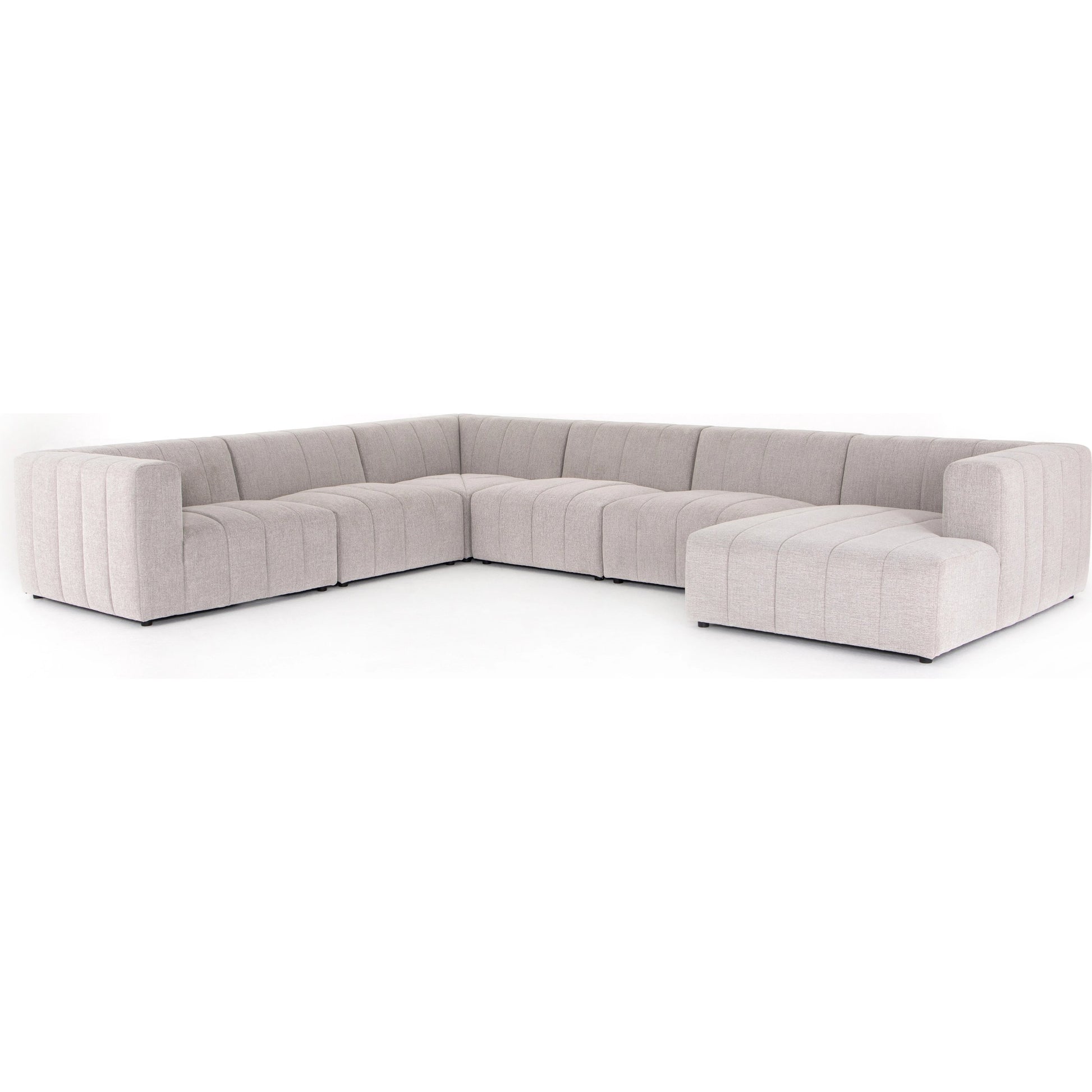 Langham Channeled 6-Piece Sectional by Four Hands in fayette cloud. Made from 97% polyester, 3% acrylic, poplar plywood, 58% polyester, 39% wool, 3% cotton in a modern style.