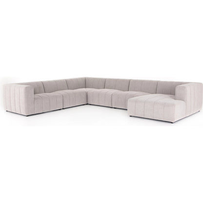 Langham Channeled 6-Piece Sectional by Four Hands in fayette cloud. Made from 97% polyester, 3% acrylic, poplar plywood, 58% polyester, 39% wool, 3% cotton in a modern style.