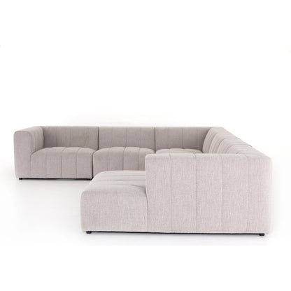 Langham Channeled 6-Piece Sectional by Four Hands in fayette cloud. Made from 97% polyester, 3% acrylic, poplar plywood, 58% polyester, 39% wool, 3% cotton in a modern style.
