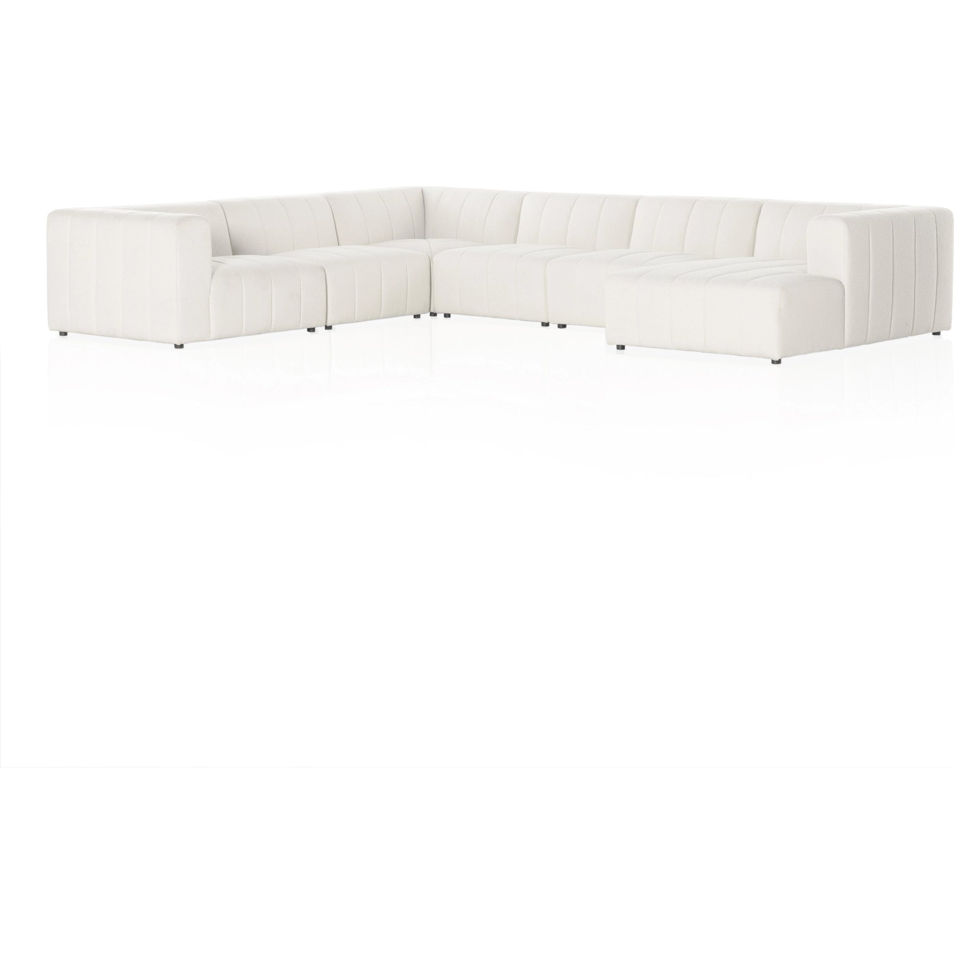 Langham Channeled 6-Piece Sectional by Four Hands in fayette cloud. Made from 97% polyester, 3% acrylic, poplar plywood, 58% polyester, 39% wool, 3% cotton in a modern style.