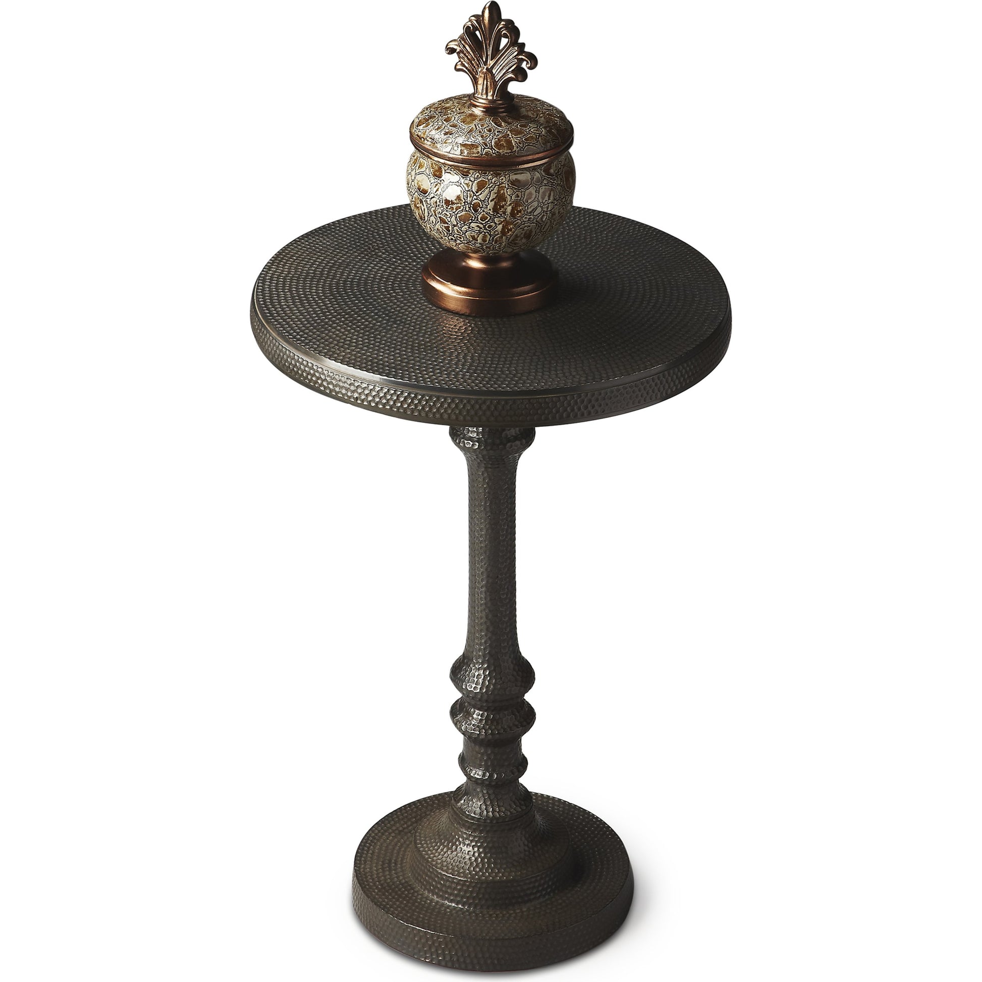 Tanya Metal Pedestal Accent Table by Butler Specialty Company in bronze and metalworks. Made from cast aluminum in a traditional style.