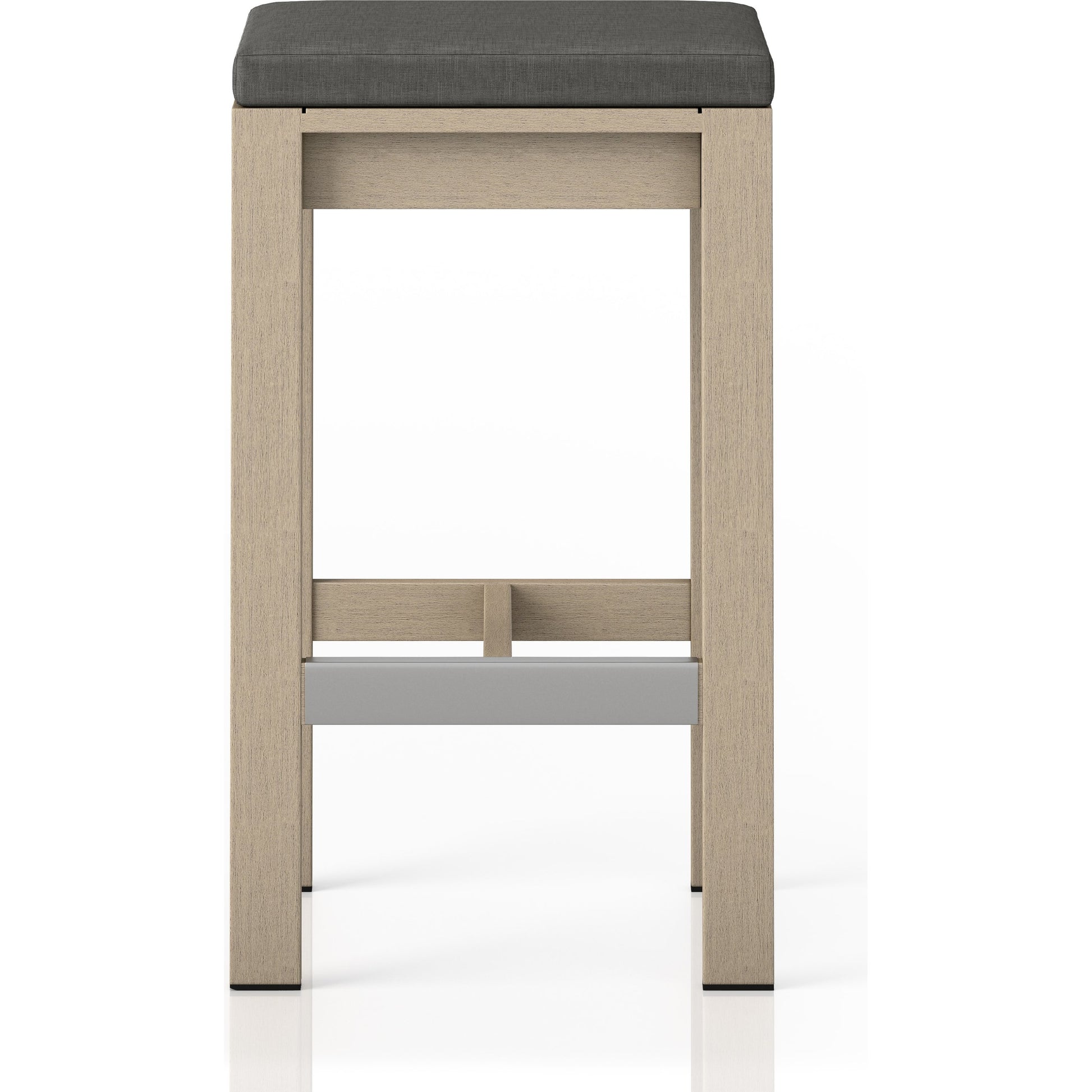 Monterey Bar Stool by Four Hands in faye navy and weathered grey. Made from 100% olefin, solid fsc®-certified teak, 91% polyurethane foam pad, 9% polyester fiber batting in a modern style.
