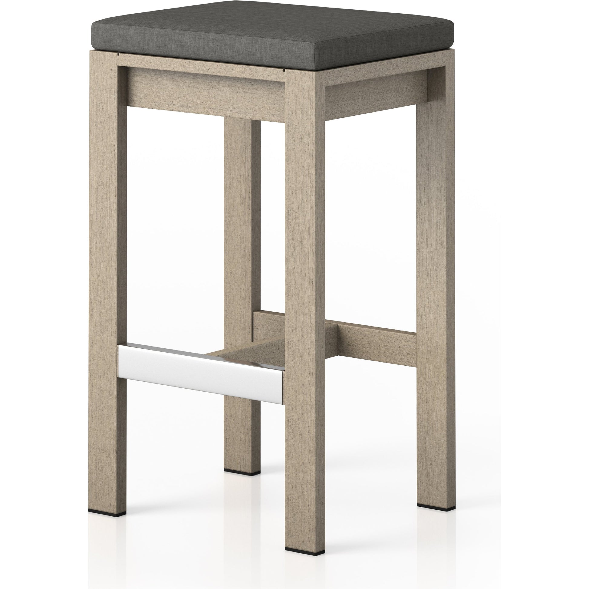 Monterey Bar Stool by Four Hands in faye navy and weathered grey. Made from 100% olefin, solid fsc®-certified teak, 91% polyurethane foam pad, 9% polyester fiber batting in a modern style.