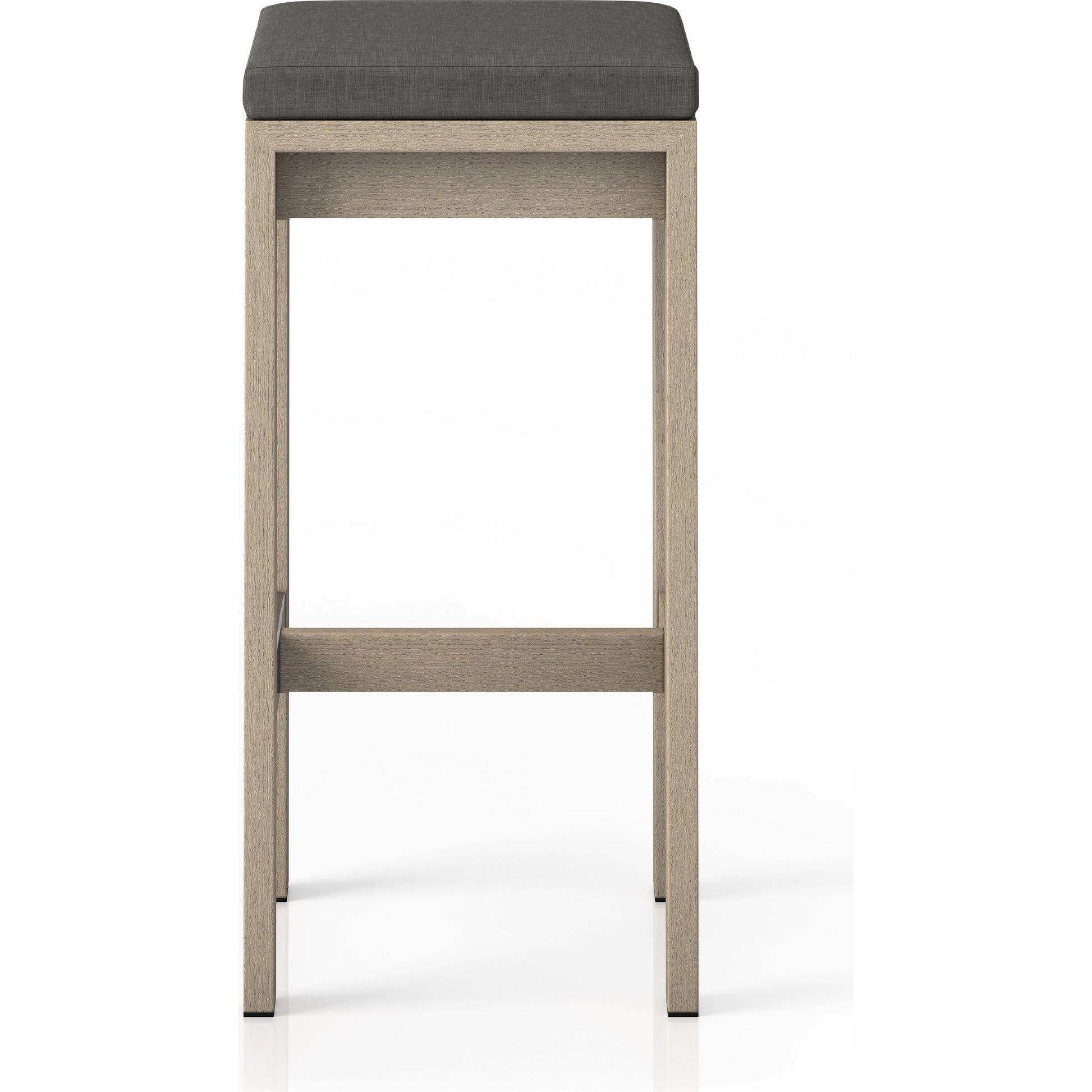 Monterey Bar Stool by Four Hands in faye navy and weathered grey. Made from 100% olefin, solid fsc®-certified teak, 91% polyurethane foam pad, 9% polyester fiber batting in a modern style.
