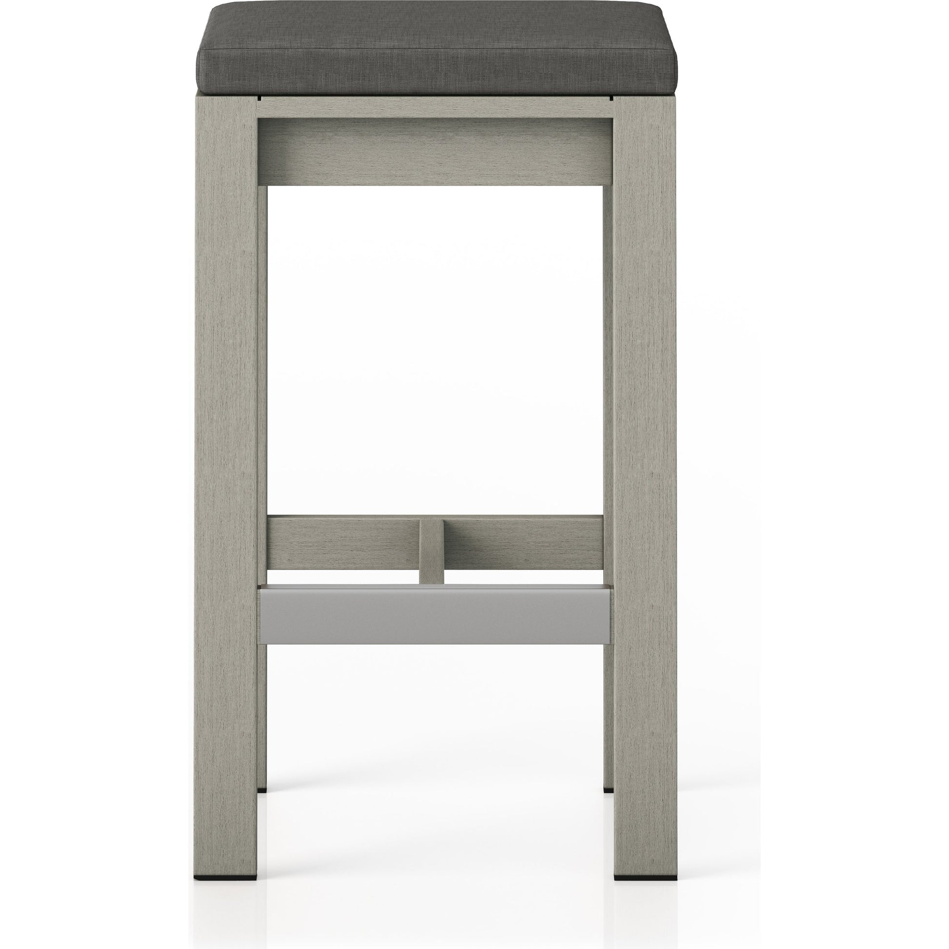 Monterey Bar Stool by Four Hands in faye navy and weathered grey. Made from 100% olefin, solid fsc®-certified teak, 91% polyurethane foam pad, 9% polyester fiber batting in a modern style.
