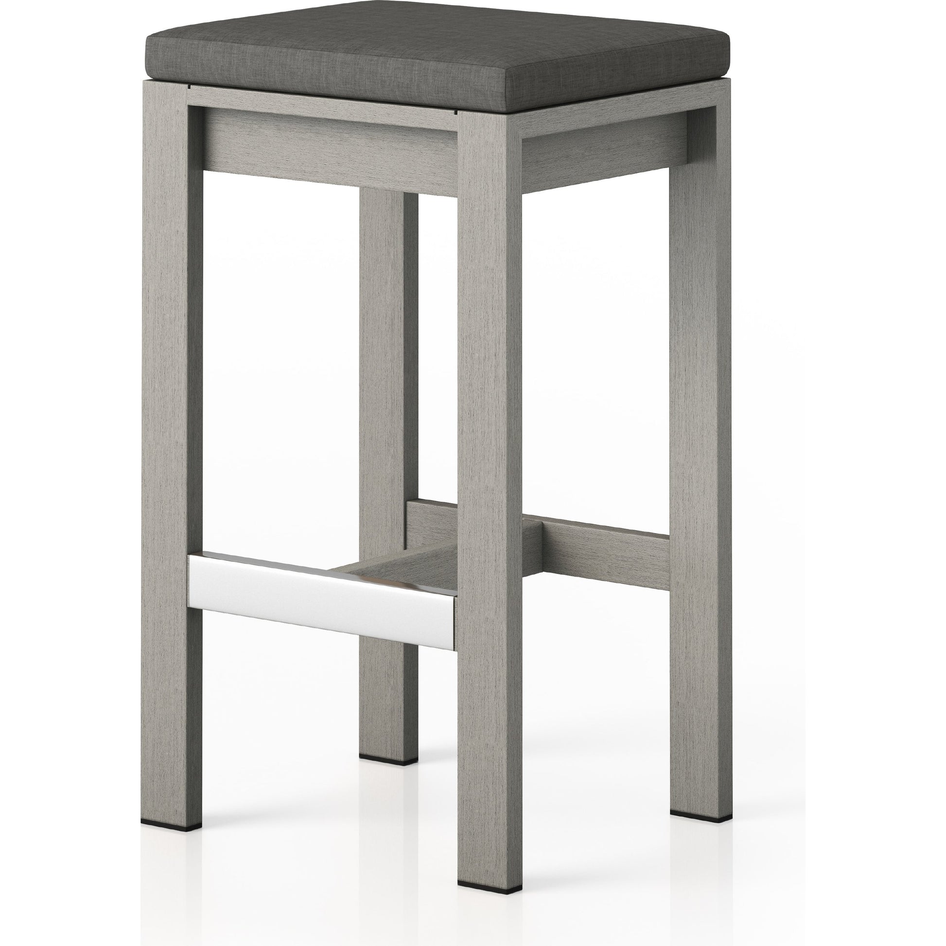 Monterey Bar Stool by Four Hands in faye navy and weathered grey. Made from 100% olefin, solid fsc®-certified teak, 91% polyurethane foam pad, 9% polyester fiber batting in a modern style.