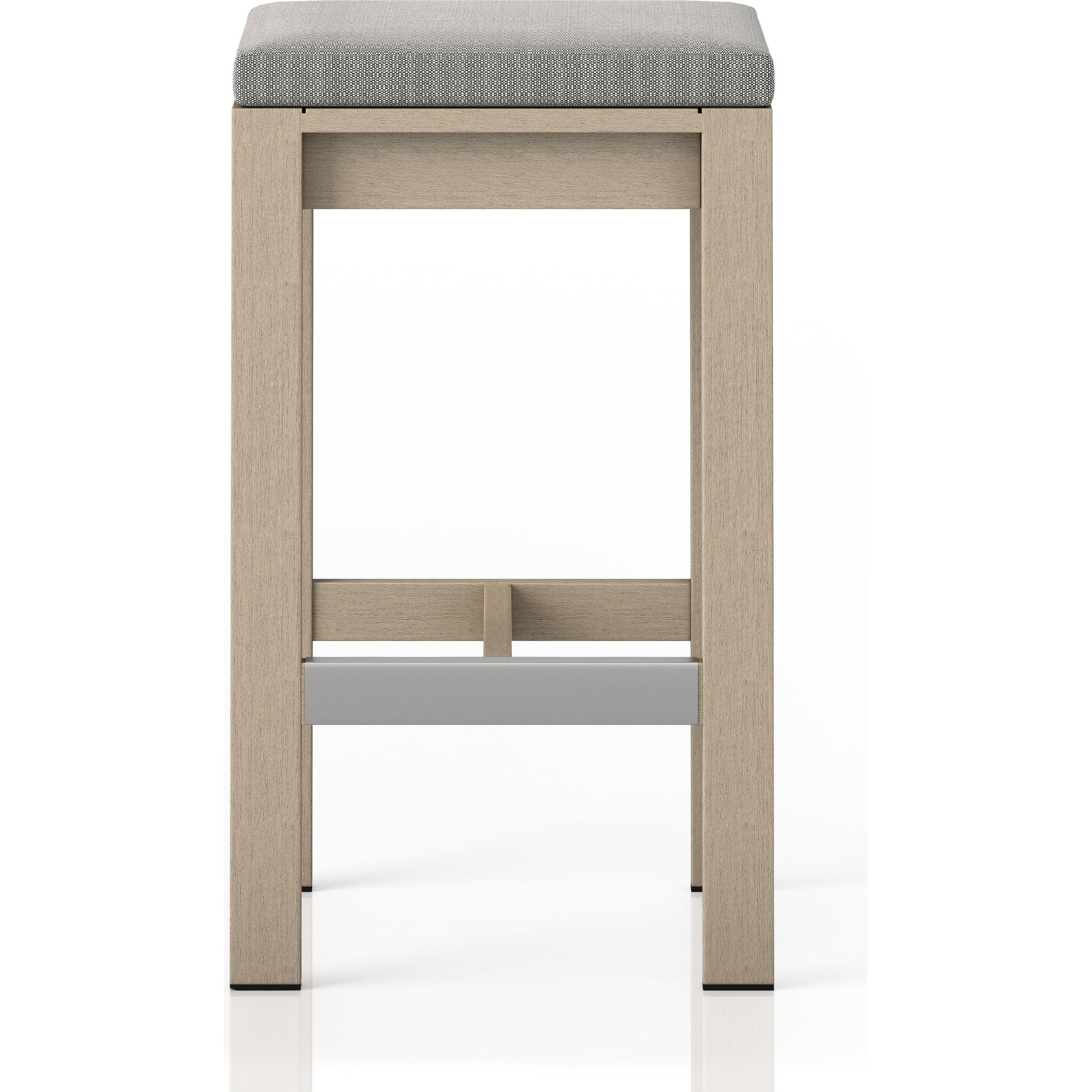 Monterey Bar Stool by Four Hands in faye navy and weathered grey. Made from 100% olefin, solid fsc®-certified teak, 91% polyurethane foam pad, 9% polyester fiber batting in a modern style.