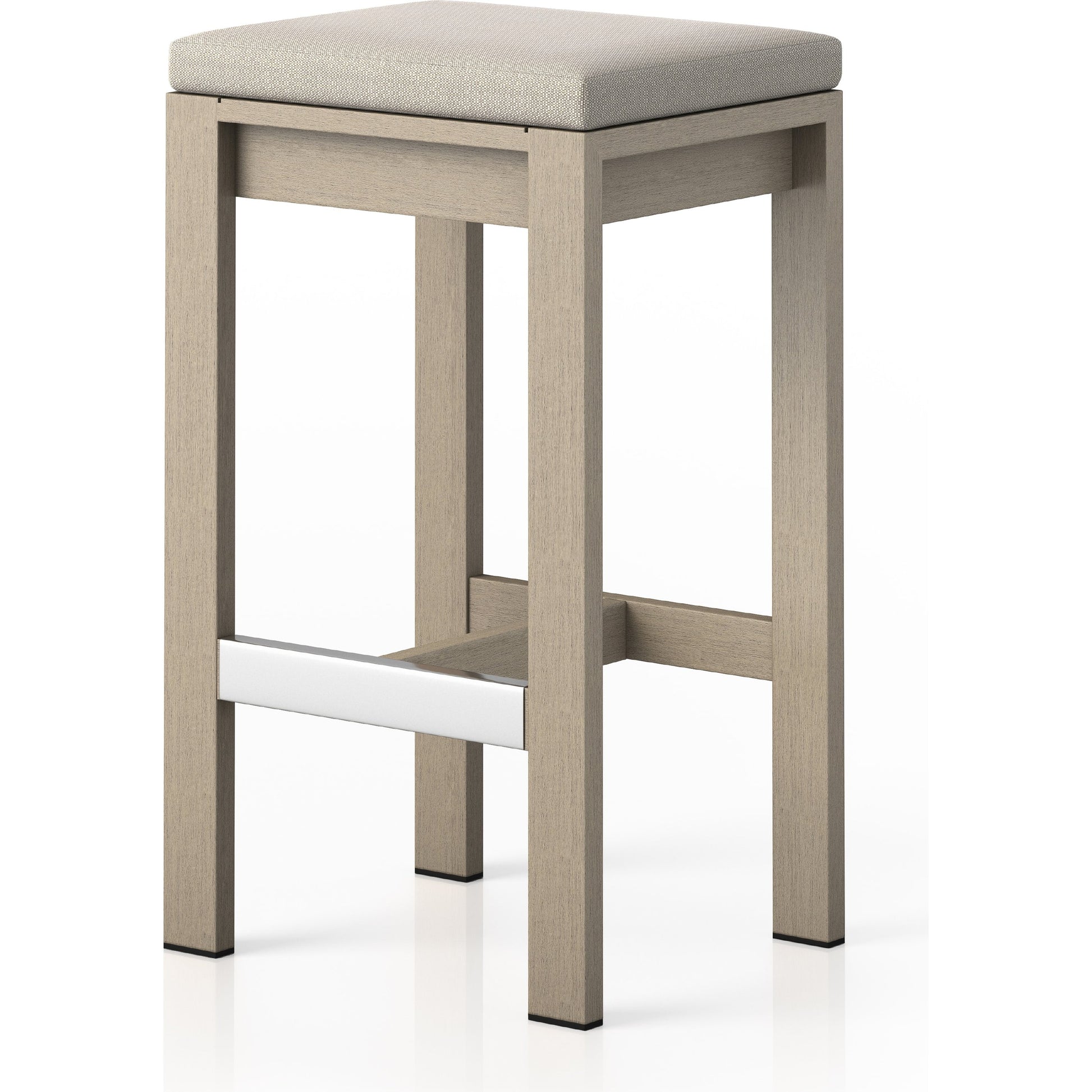 Monterey Bar Stool by Four Hands in faye navy and weathered grey. Made from 100% olefin, solid fsc®-certified teak, 91% polyurethane foam pad, 9% polyester fiber batting in a modern style.