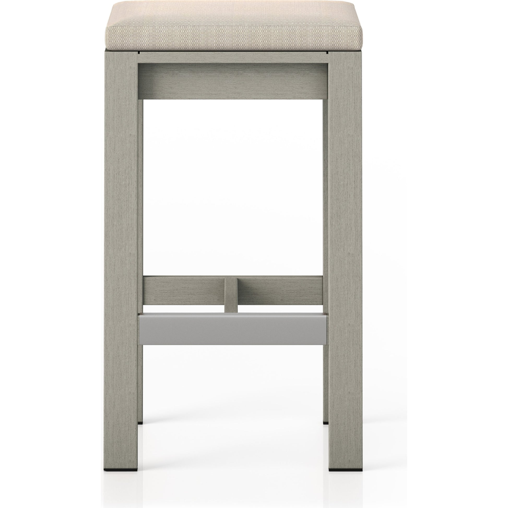 Monterey Bar Stool by Four Hands in faye navy and weathered grey. Made from 100% olefin, solid fsc®-certified teak, 91% polyurethane foam pad, 9% polyester fiber batting in a modern style.