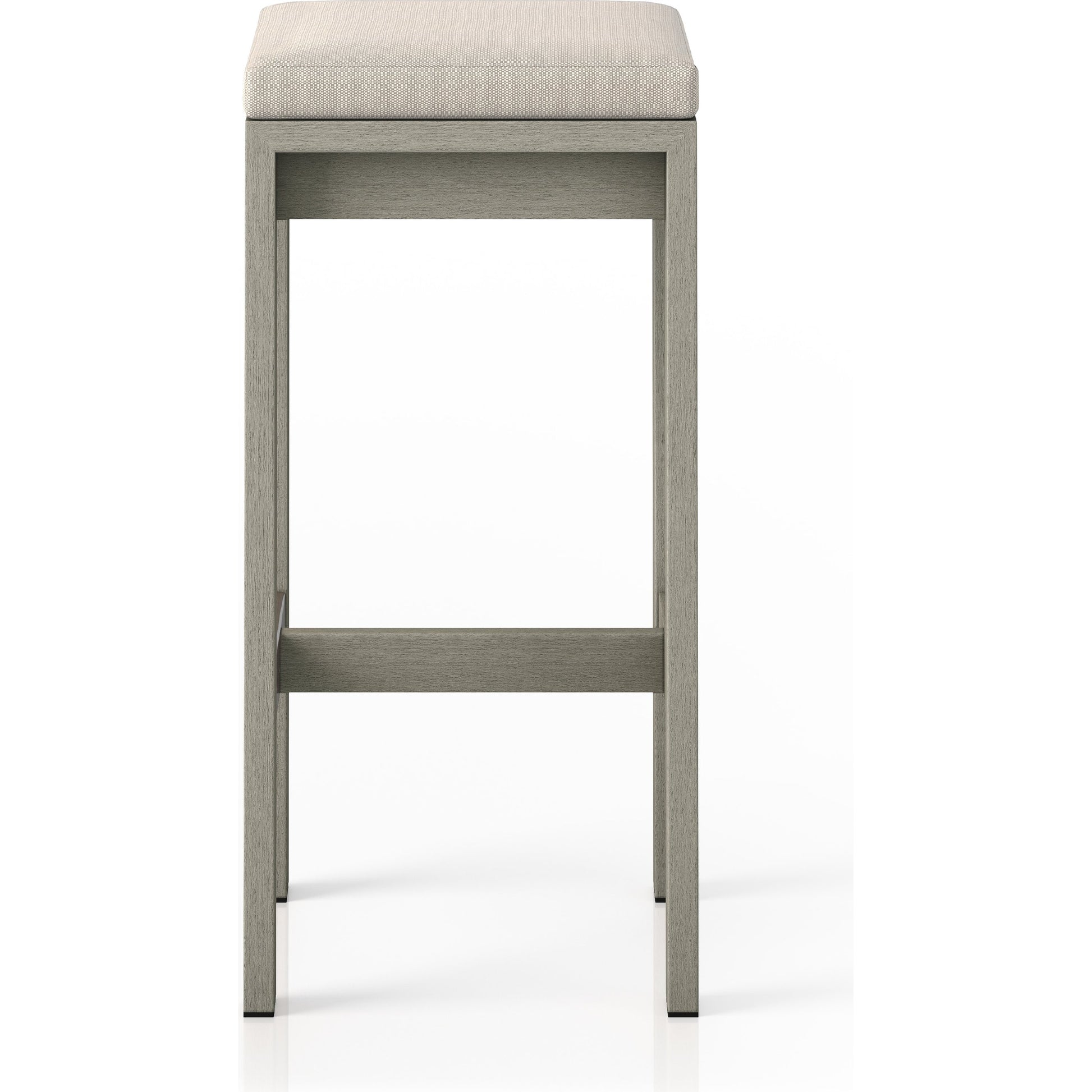 Monterey Bar Stool by Four Hands in faye navy and weathered grey. Made from 100% olefin, solid fsc®-certified teak, 91% polyurethane foam pad, 9% polyester fiber batting in a modern style.