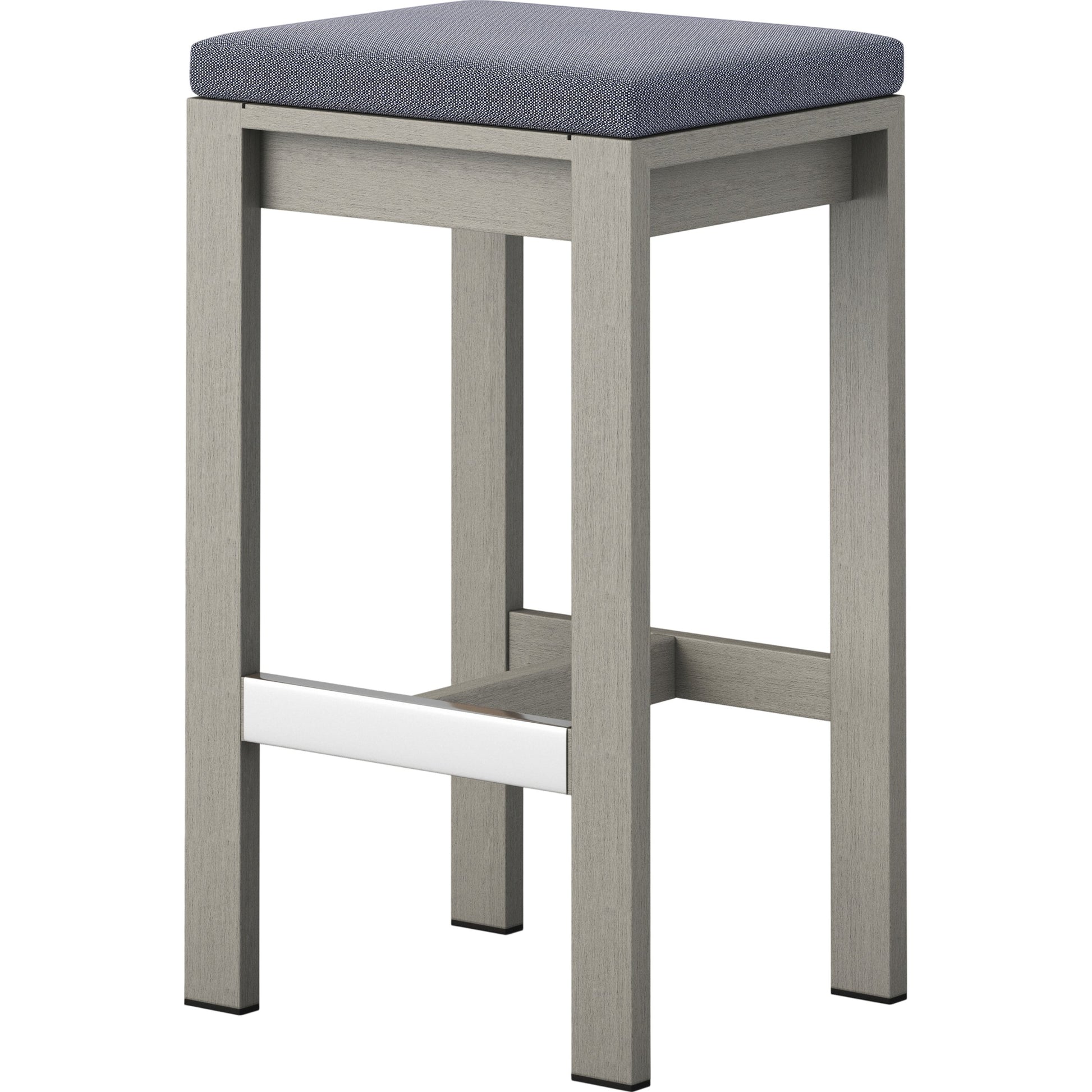 Monterey Bar Stool by Four Hands in faye navy and weathered grey. Made from 100% olefin, solid fsc®-certified teak, 91% polyurethane foam pad, 9% polyester fiber batting in a modern style.