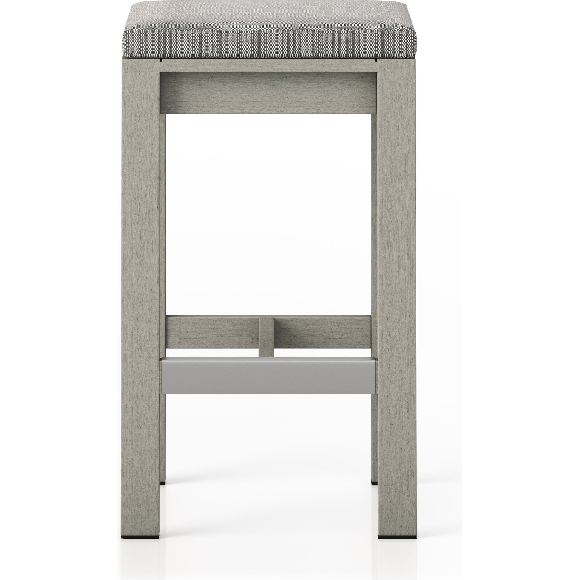 Monterey Bar Stool by Four Hands in faye navy and weathered grey. Made from 100% olefin, solid fsc®-certified teak, 91% polyurethane foam pad, 9% polyester fiber batting in a modern style.