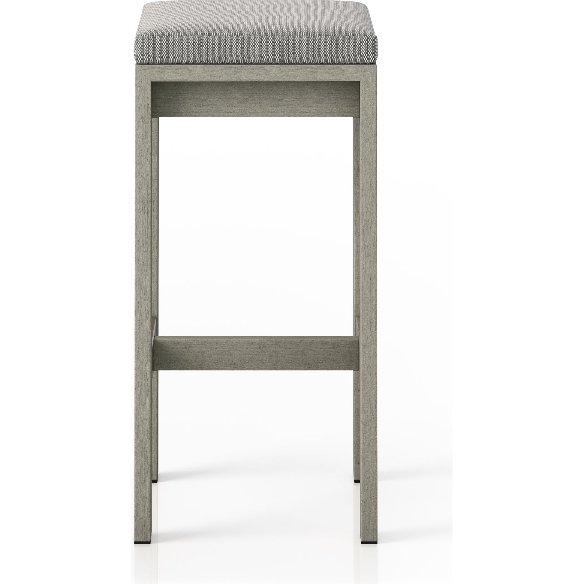 Monterey Bar Stool by Four Hands in faye navy and weathered grey. Made from 100% olefin, solid fsc®-certified teak, 91% polyurethane foam pad, 9% polyester fiber batting in a modern style.