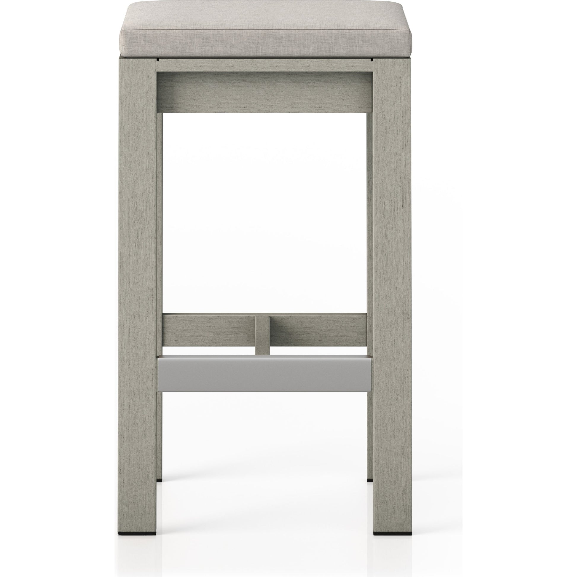 Monterey Bar Stool by Four Hands in faye navy and weathered grey. Made from 100% olefin, solid fsc®-certified teak, 91% polyurethane foam pad, 9% polyester fiber batting in a modern style.