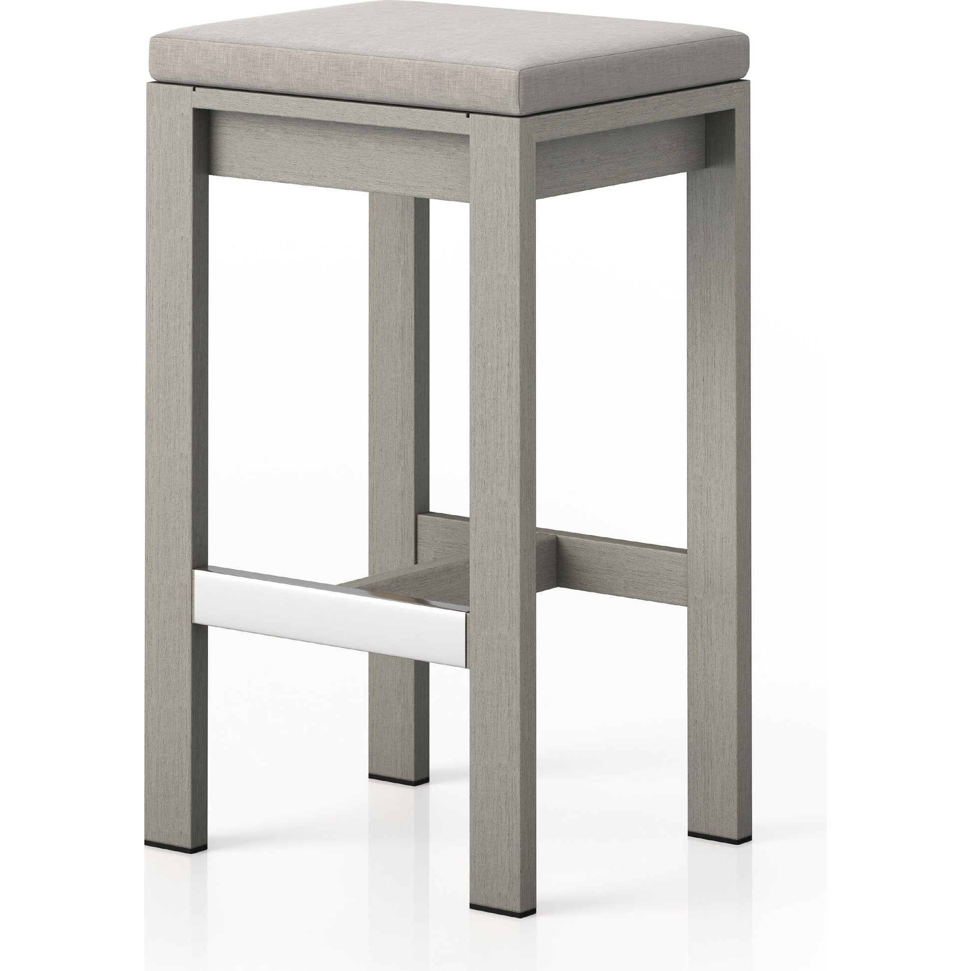 Monterey Bar Stool by Four Hands in faye navy and weathered grey. Made from 100% olefin, solid fsc®-certified teak, 91% polyurethane foam pad, 9% polyester fiber batting in a modern style.