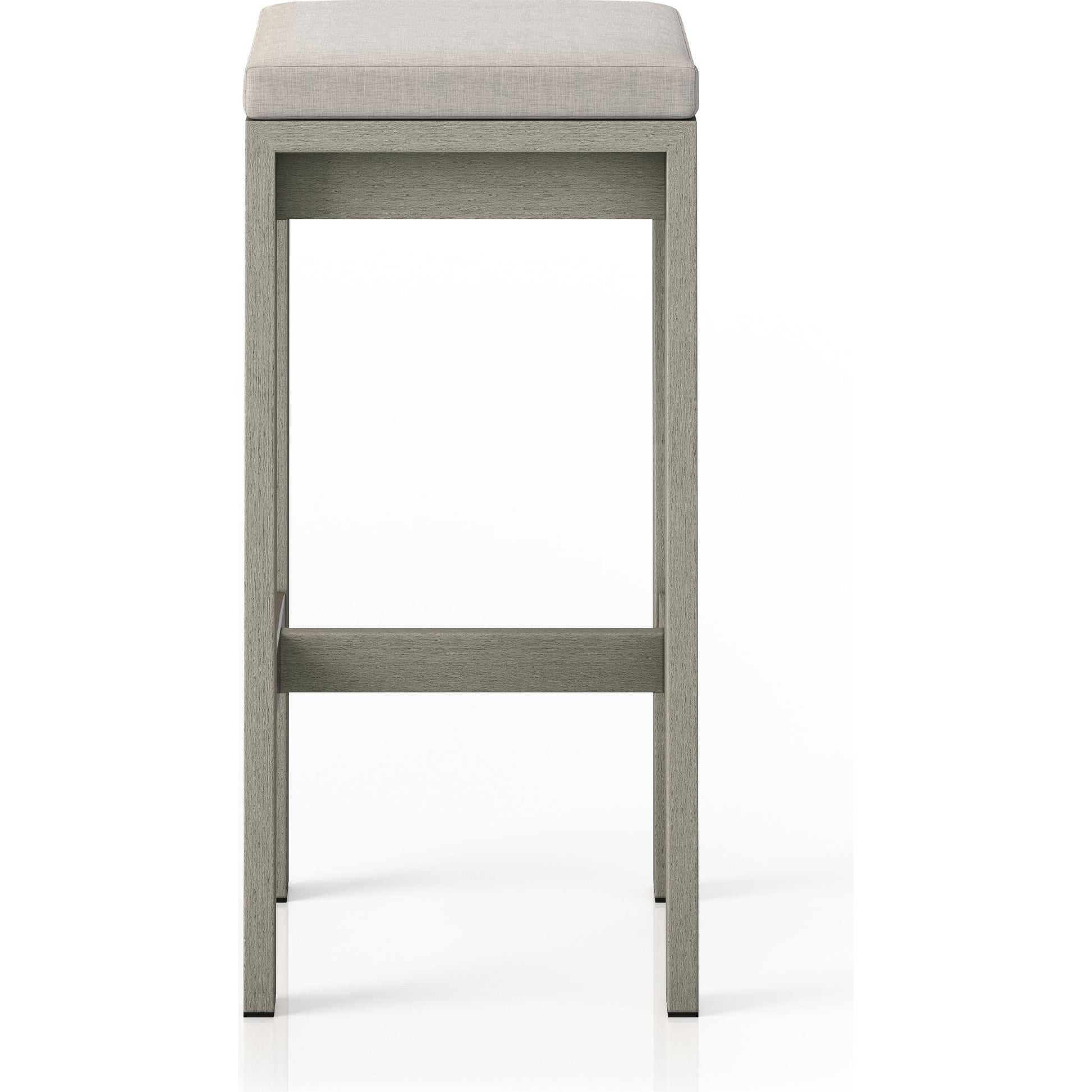 Monterey Bar Stool by Four Hands in faye navy and weathered grey. Made from 100% olefin, solid fsc®-certified teak, 91% polyurethane foam pad, 9% polyester fiber batting in a modern style.