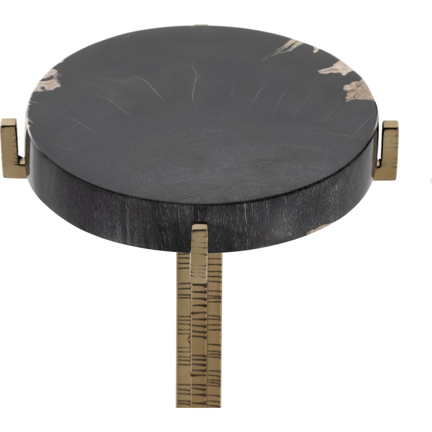 003 SI-1799725 | Closeup | Jonty Round End Table by Four Hands. Made from petrified wood, stainless steel in a modern style.