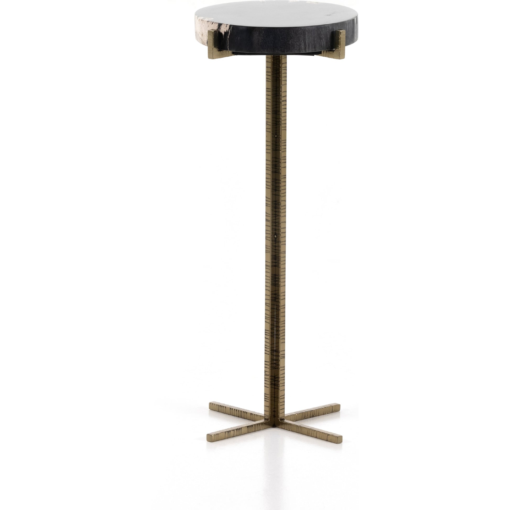 Jonty Round End Table by Four Hands. Made from petrified wood, stainless steel in a modern style.