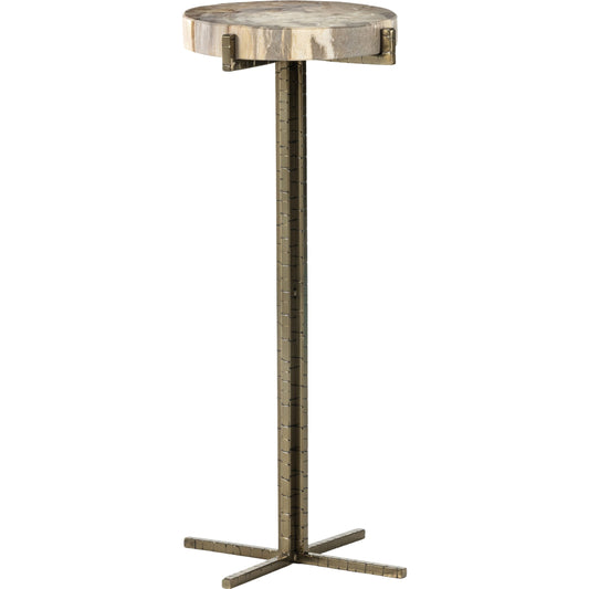 Jonty Round End Table by Four Hands. Made from petrified wood, stainless steel in a modern style.