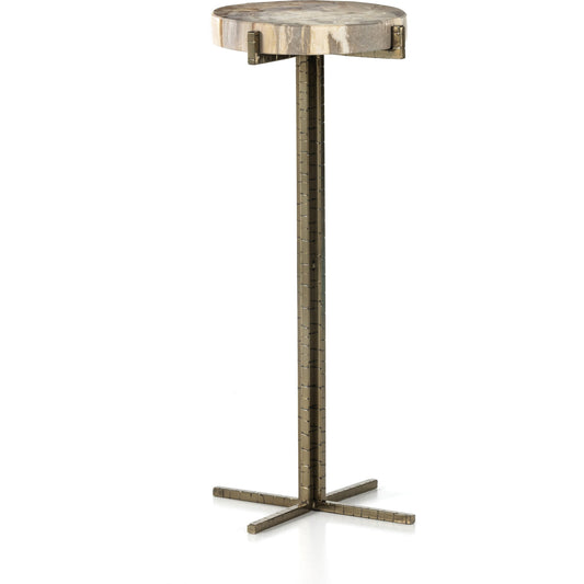 Jonty Round End Table by Four Hands. Made from petrified wood, stainless steel in a modern style.