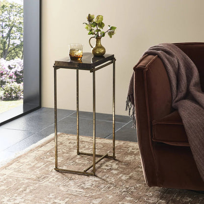Tig End Table by Four Hands in textured brass, dark petrified wood. Made from petrified wood, stainless steel in a transitional style.