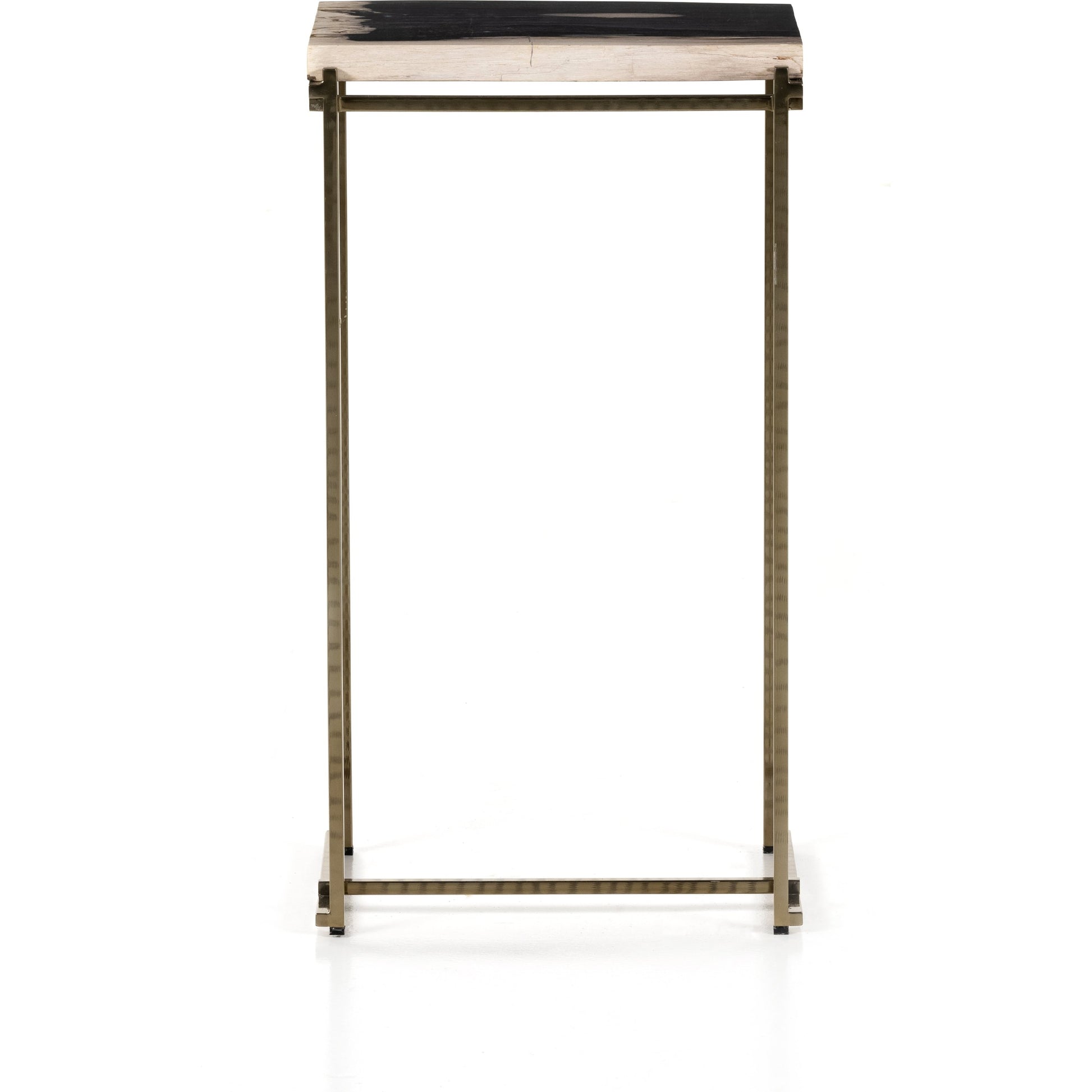 Tig End Table by Four Hands in textured brass, dark petrified wood. Made from petrified wood, stainless steel in a transitional style.