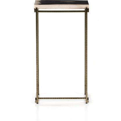 Tig End Table by Four Hands in textured brass, dark petrified wood. Made from petrified wood, stainless steel in a transitional style.