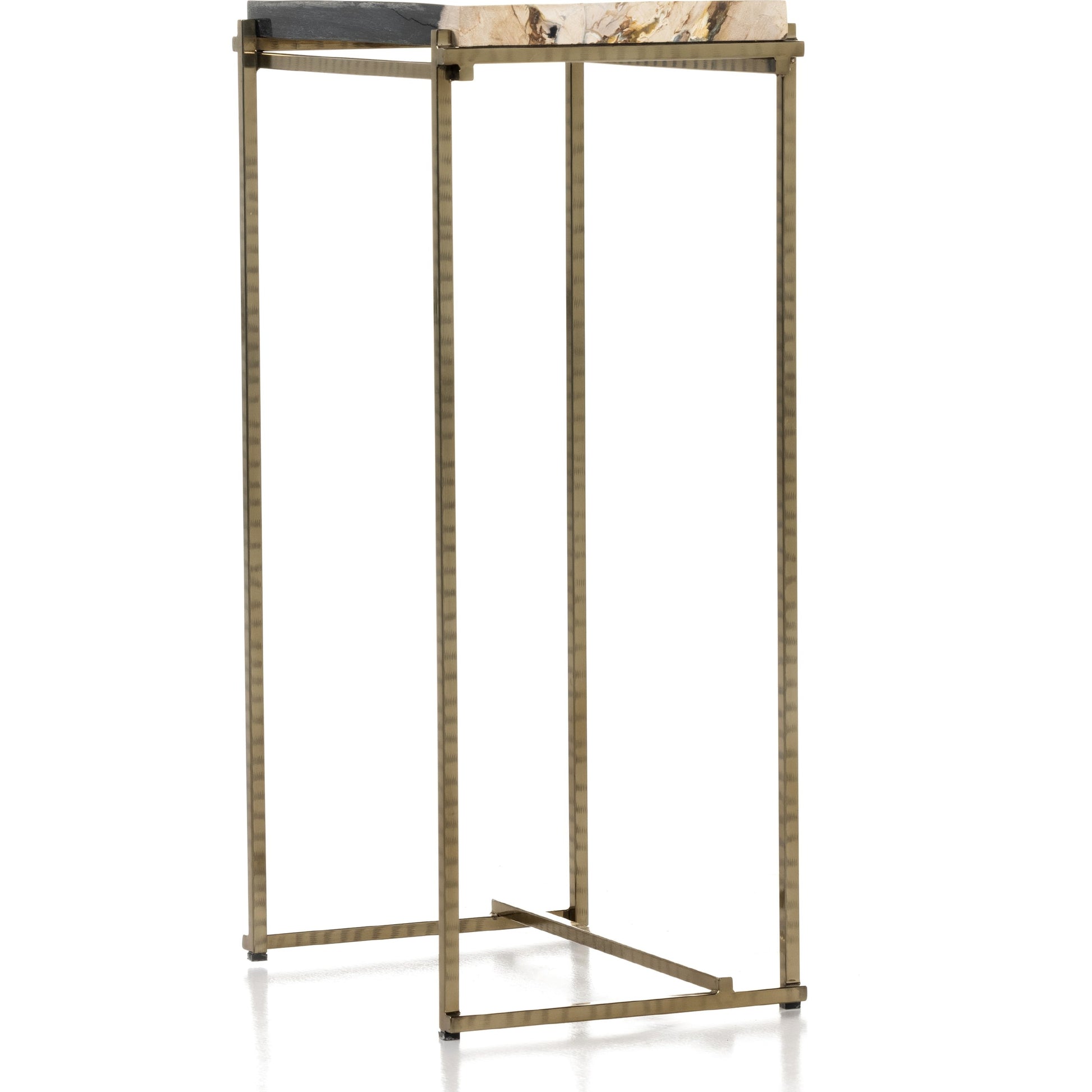 Tig End Table by Four Hands in textured brass, dark petrified wood. Made from petrified wood, stainless steel in a transitional style.