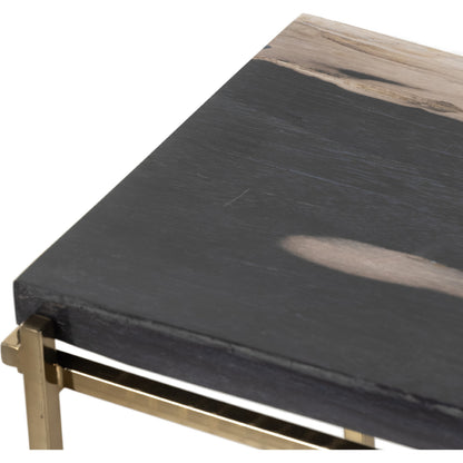 Tig End Table by Four Hands in textured brass, dark petrified wood. Made from petrified wood, stainless steel in a transitional style.