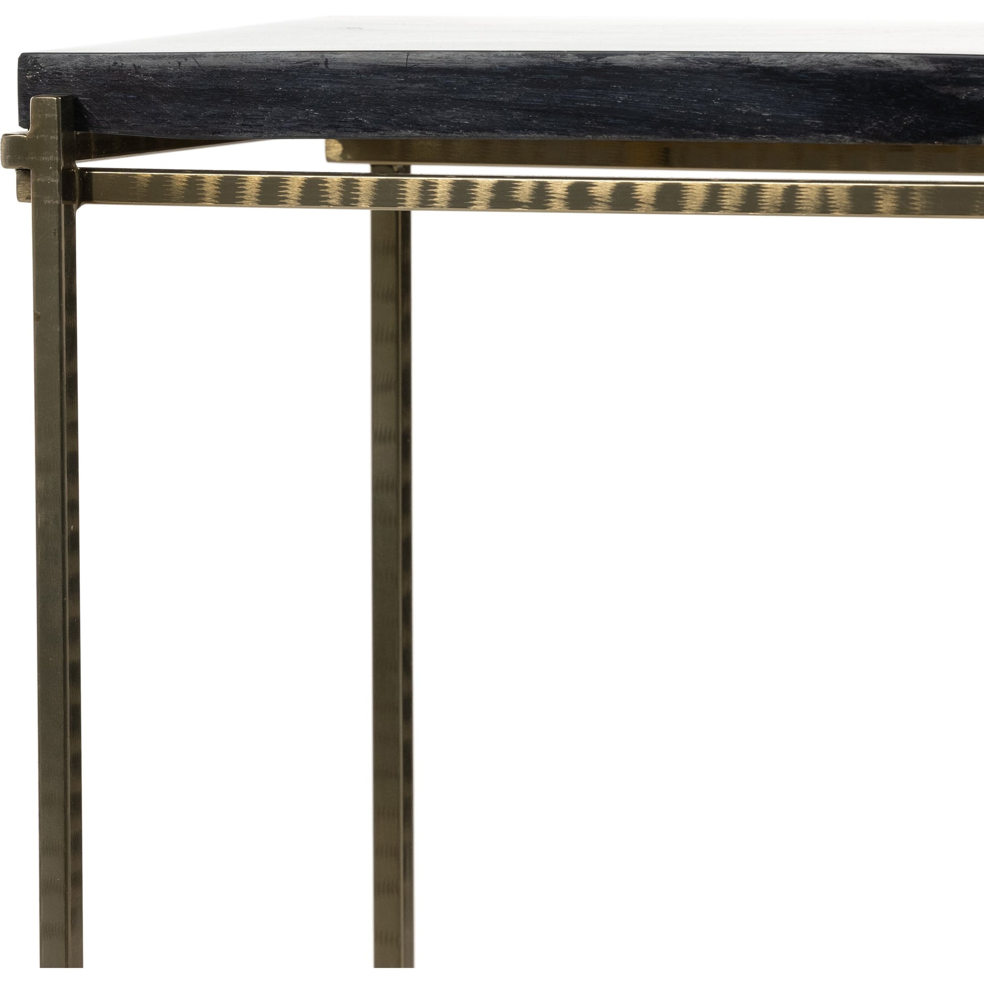 Tig End Table by Four Hands in textured brass, dark petrified wood. Made from petrified wood, stainless steel in a transitional style.
