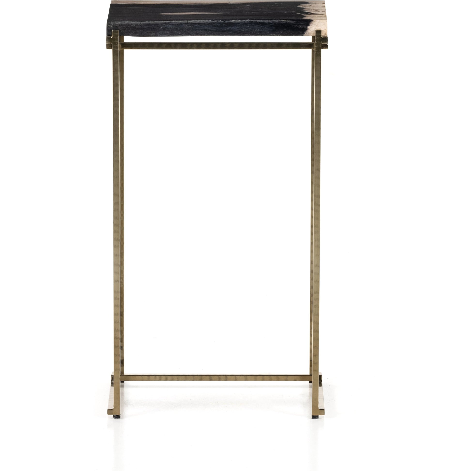 Tig End Table by Four Hands in textured brass, dark petrified wood. Made from petrified wood, stainless steel in a transitional style.