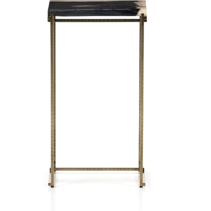 Tig End Table by Four Hands in textured brass, dark petrified wood. Made from petrified wood, stainless steel in a transitional style.