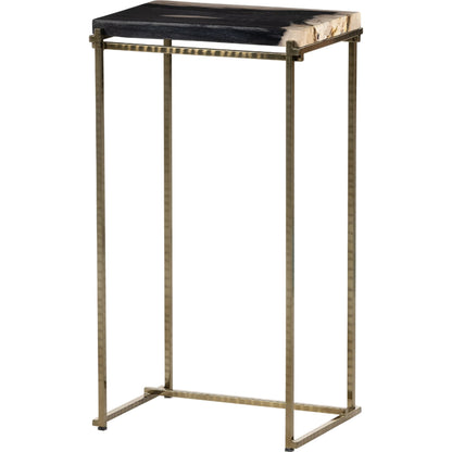 Tig End Table by Four Hands in textured brass, dark petrified wood. Made from petrified wood, stainless steel in a transitional style.