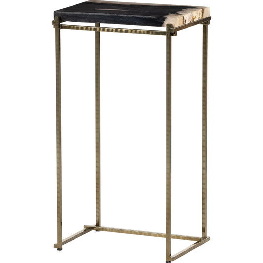 Tig End Table by Four Hands in textured brass, dark petrified wood. Made from petrified wood, stainless steel in a transitional style.