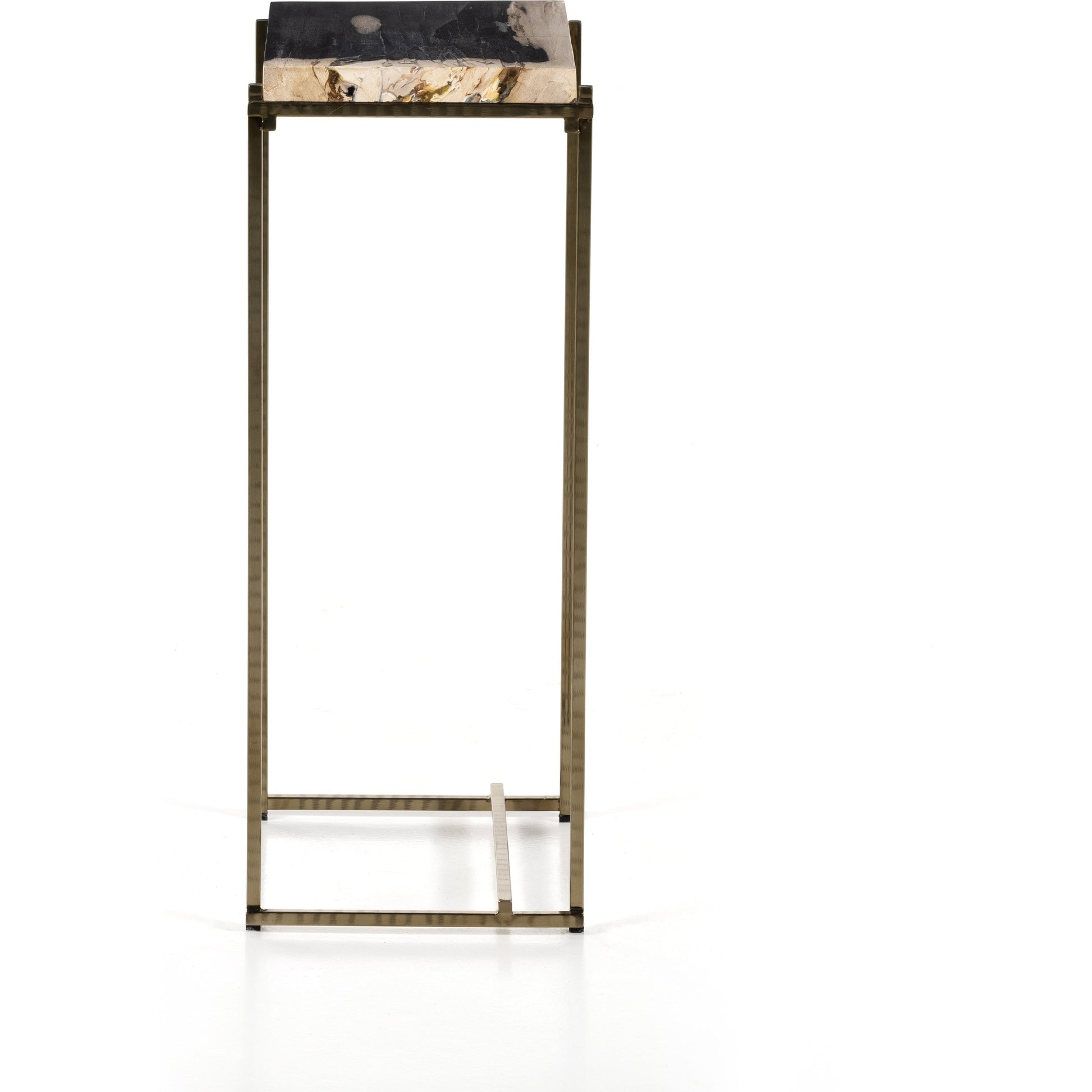 Tig End Table by Four Hands in textured brass, dark petrified wood. Made from petrified wood, stainless steel in a transitional style.
