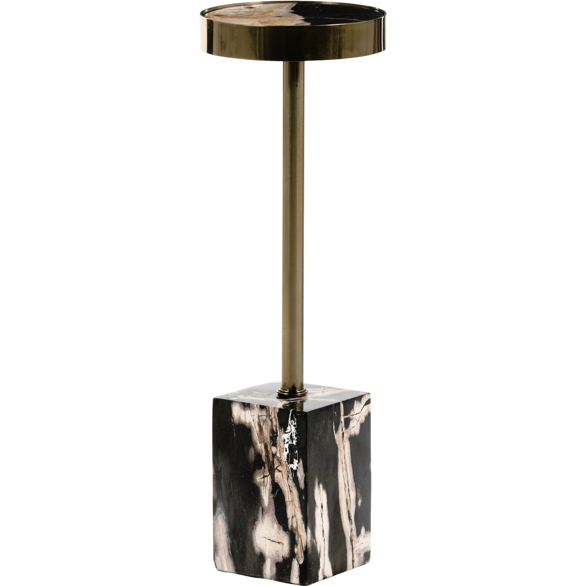 Bevin End Table by Four Hands in dark petrified wood, shiny brass and dark petrified wood. Made from petrified wood, stainless steel in a modern style.
