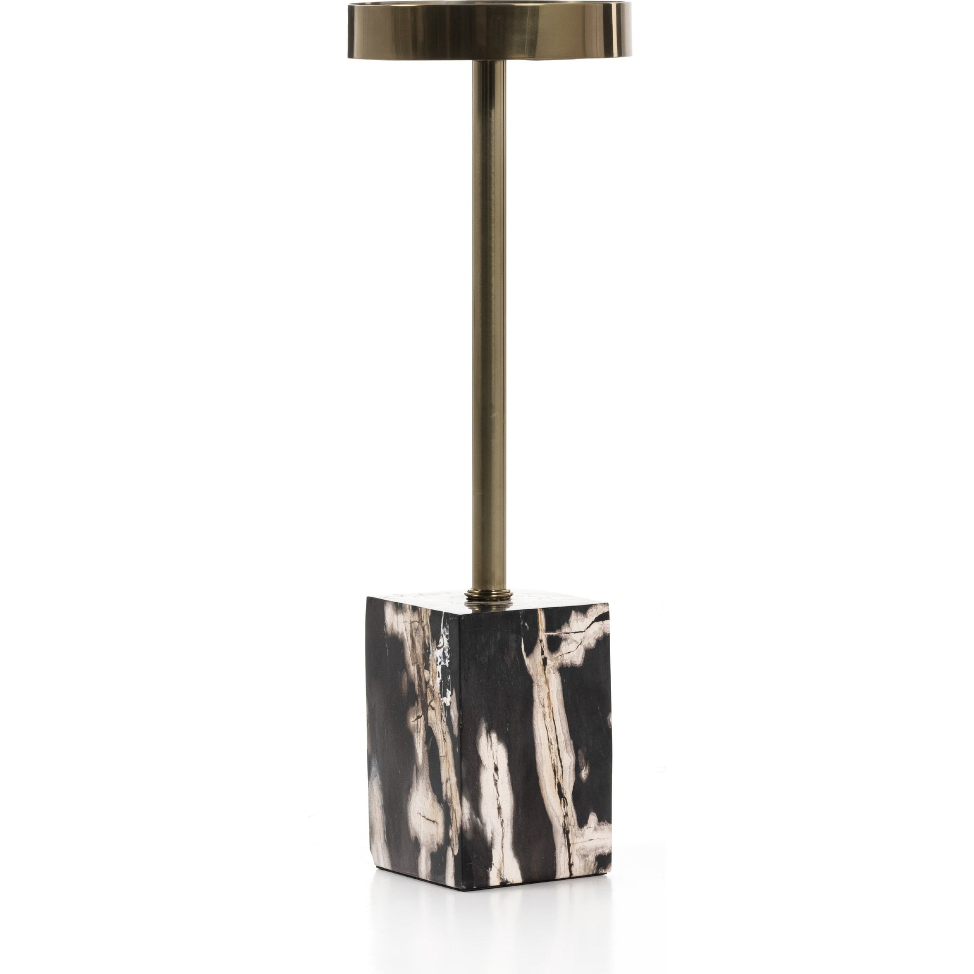 Bevin End Table by Four Hands in dark petrified wood, shiny brass and dark petrified wood. Made from petrified wood, stainless steel in a modern style.